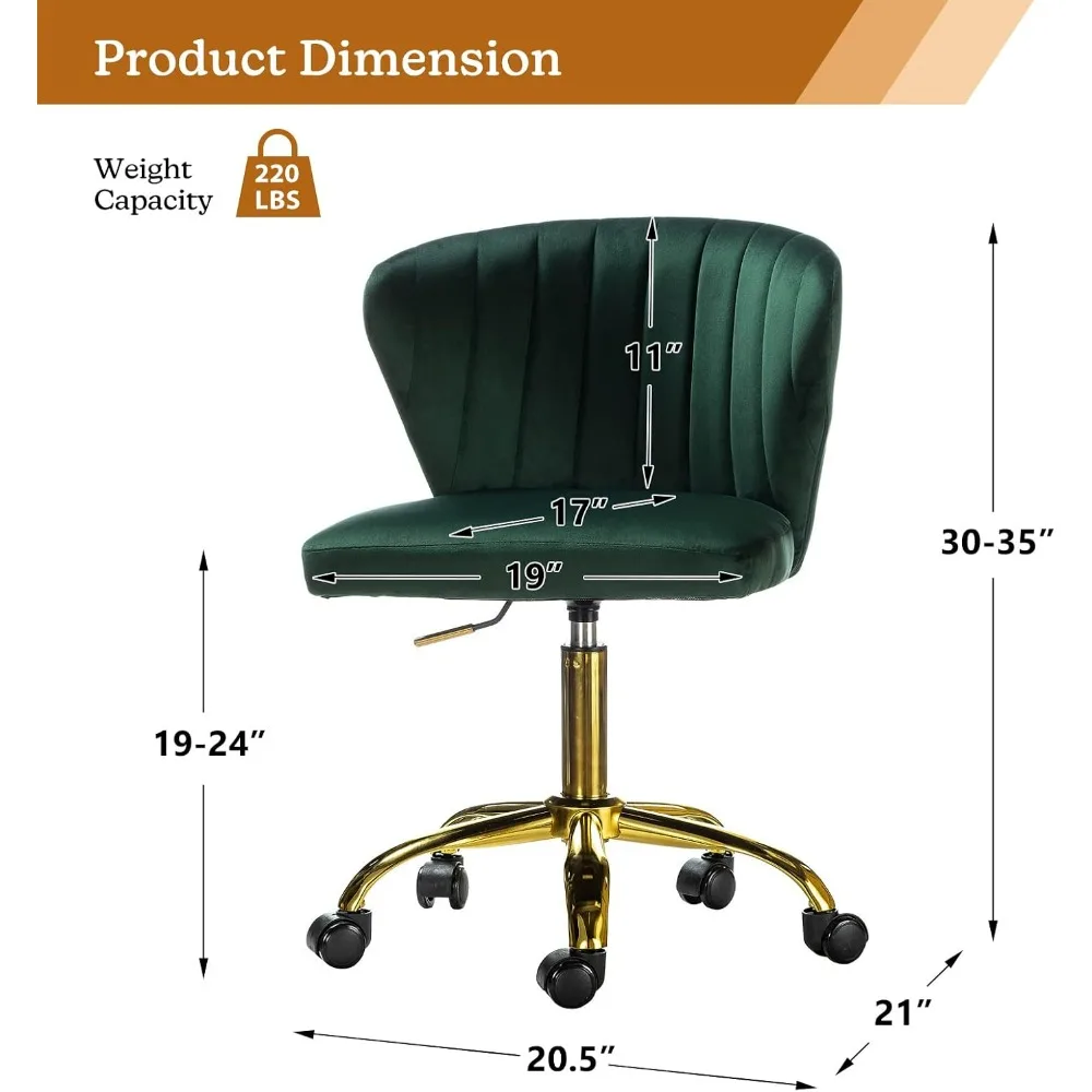 TINA'S HOME Green Velvet Armless Office Chair With Gold Base Wheels Adjustable Low Back Swivel Vanity Task Chair Fo Study Living