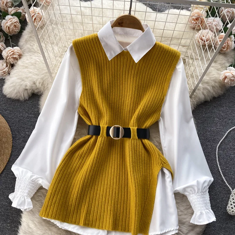 موضة محبوك سترة وقمصان المرأة قطعتين مجموعة بولو طوق قمصان طويلة الأكمام امرأة ربيع الخريف منتصف سترة طويلة Mujer