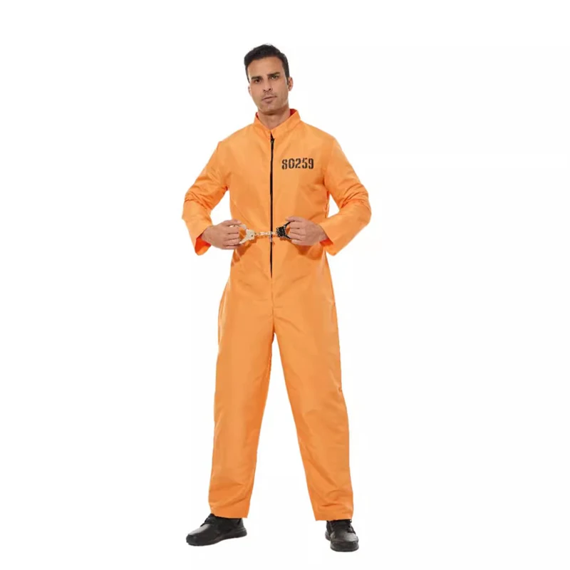 Men Halloween Prisoner Costume Long Sleeve Zipper Front Overalls Jumpsuit with Handcuffs Jail Criminal Clothes