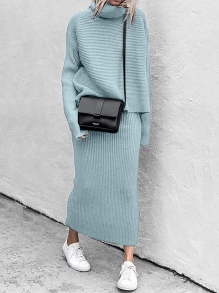 Casual Solid Two Piece Skirt Sets Women Fall Winter Knit Sweaters Suits Long Sleeve Loose Turtleneck Sweater Skirts 2 Piece Set