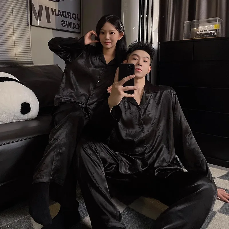 

DAIMELU Couple's sleepwear, women's spring and autumn ice silk, new Chinese style black outerwear, men's thin home suit set, sum