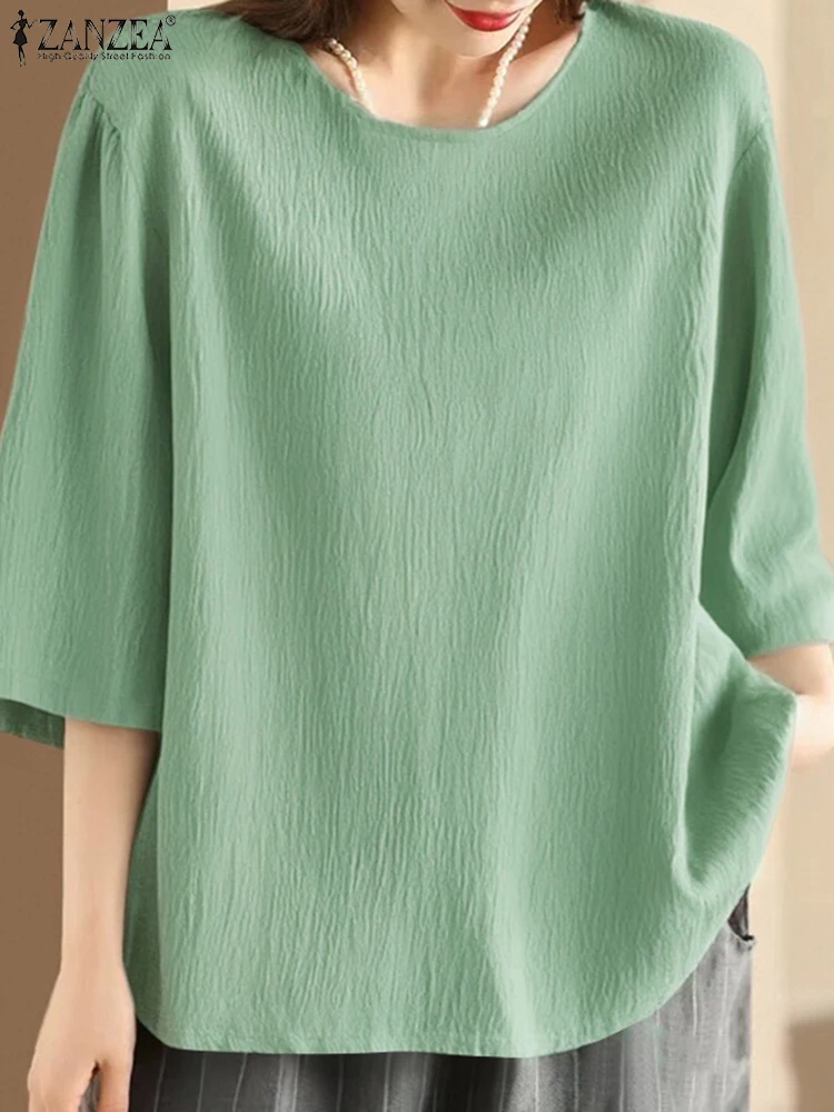 

ZANZEA Fashion Blouse Women Solid Color Tunic Tops 2025 Summer Half Sleeve Casual Shirts Loose O-Neck Puff Sleeve Blusas Female