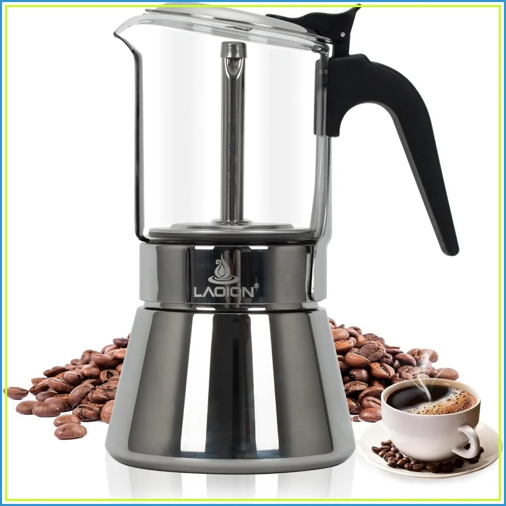 6-Cup Stovetop Espresso Maker, 240ml Moka Pot, Glass-Top & Stainless Steel, for Cuban & Italian Coffee