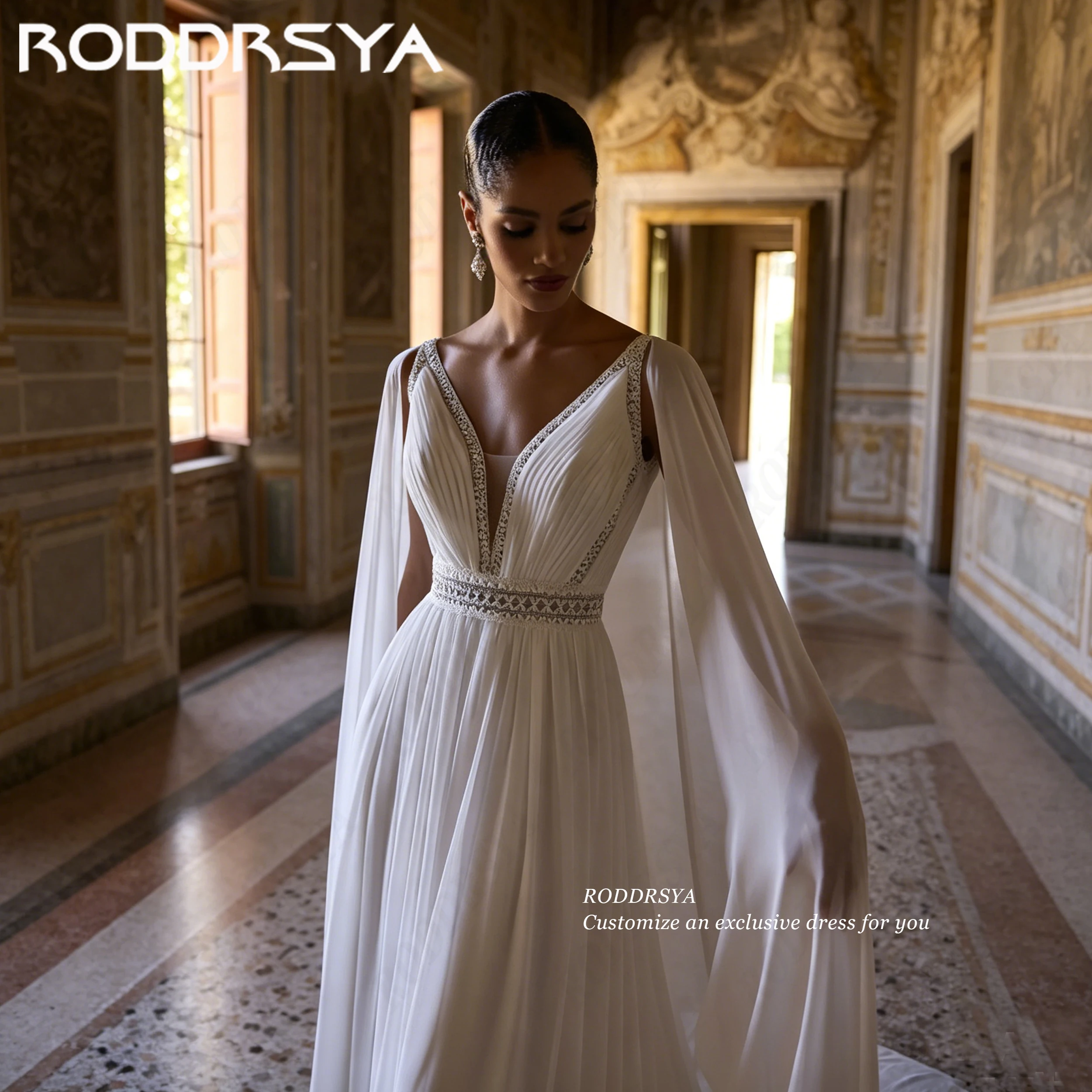 RODDRSYA Cape Sleeves Long Wedding Dress V Neck  Pleated Chiffon Bridal Dresses For Women Customized robe de soirée mariage