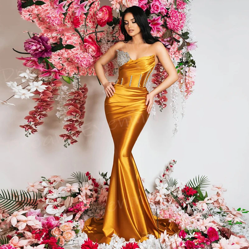 Graceful Popular Gold Mermaid Modern Women's Evening Dresses Charming Strapless Beaded Prom Gowns Formal Party Vestido De Noche