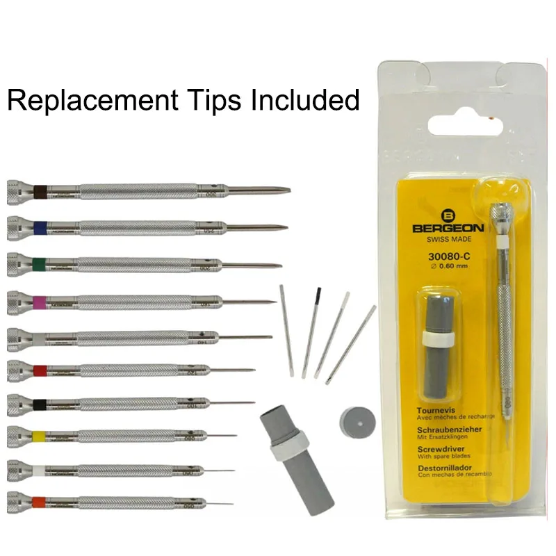 

Bergeon 30080 Chrome-Plated Flat Head Screwdriver with Replacement Tips Sizes From 0.50 - 3.00mm