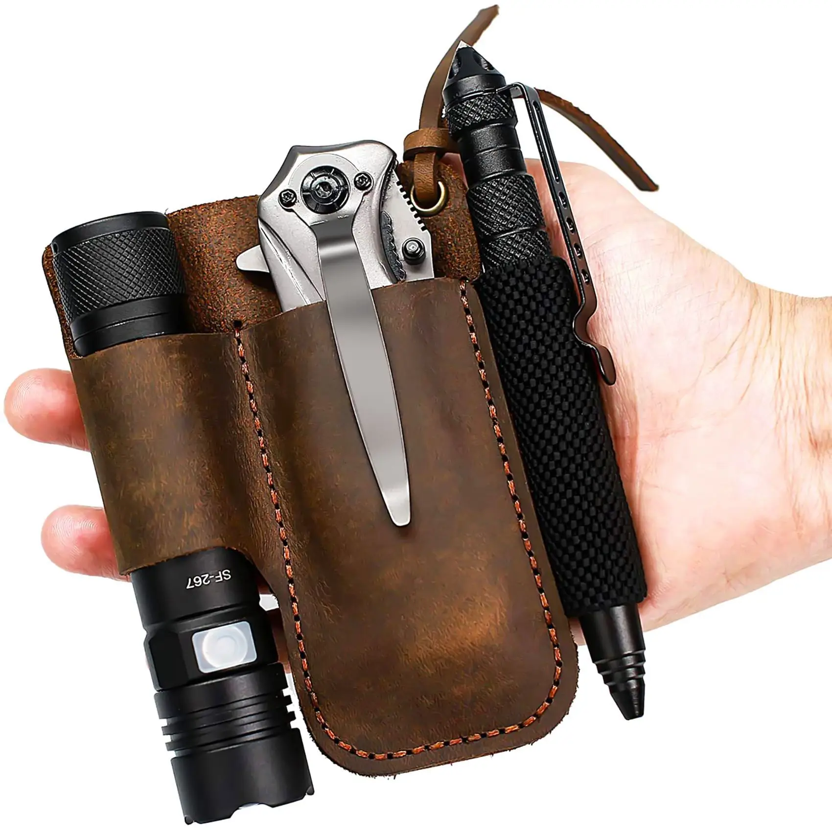 Funda de cuero hecha a mano, cuchillo plegable, soporte para linterna, herramienta EDC, marrón ZJY