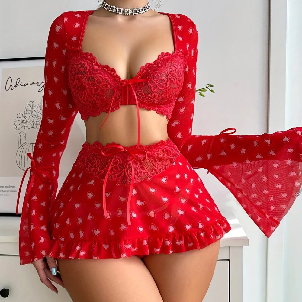 جديد الأوروبية الأمريكية المرأة الأحمر القلب الصدرية تنورة ثونغ شير مجموعة الملابس الداخلية ثلاث قطع ملابس نوم عيد الحب إغراء XXX