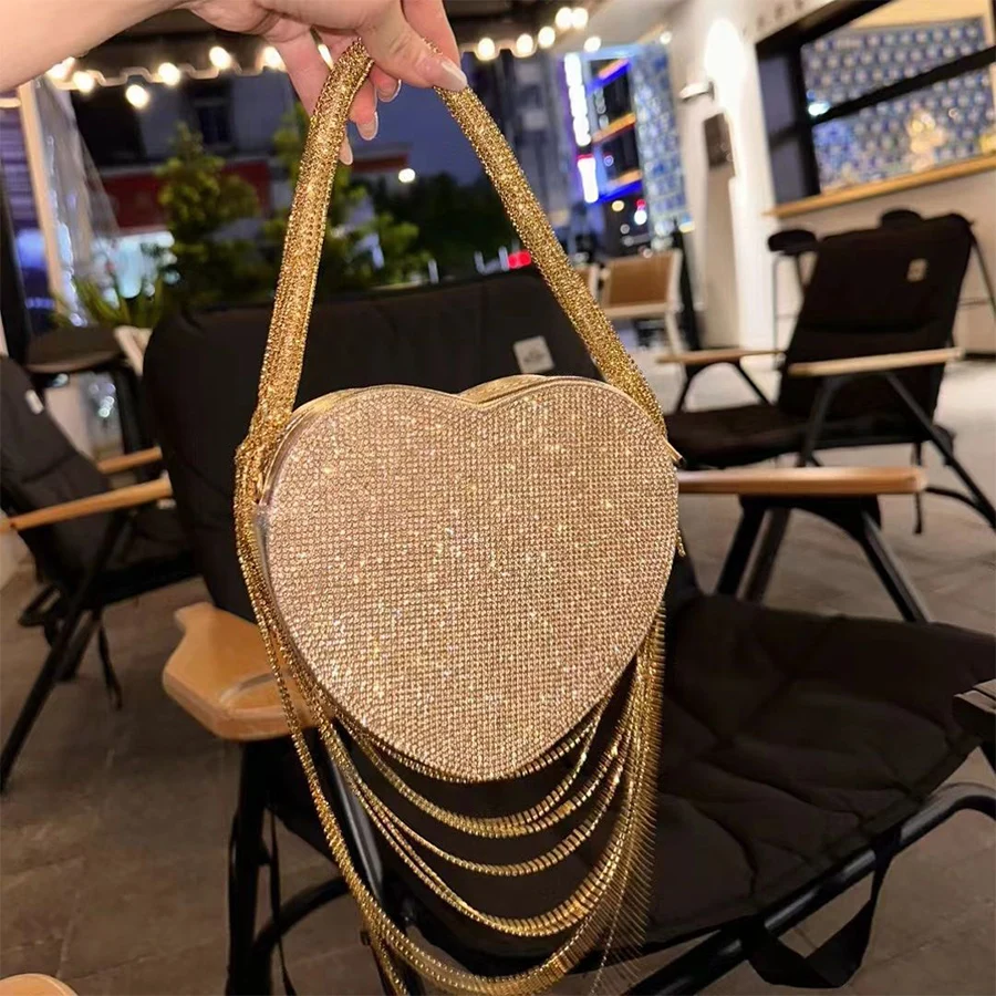 Shiny Tassel Diamonds Heart-Shaped Evening Bags Small Clutch Purse One Side Rhinestones Shoulder Bags Party Wedding handbags Sac