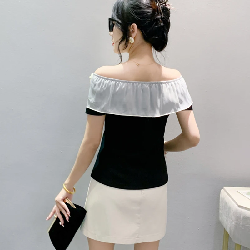 Black Summer Korean Style Cotton T-Shirt Sexy Off Shoulder Ruffles Patchwork Beading Women Tops Short Sleeve Tees 2024 New 4462