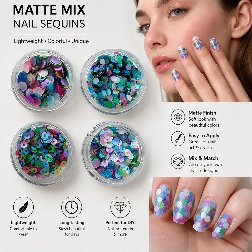 Dopamine Color Circular Nail Glitter Flakes Mixed Matte Shimmer Hollow Round Sequins Portable Jar Design DIY Nail Art Ornament