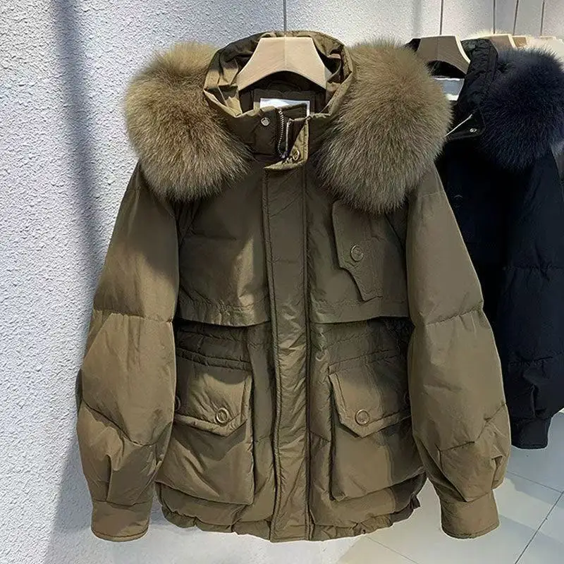 

2025 New Black Hooded Down Jacket For women Winter Thicken Raccoon Fur collar Parker Jackets Female Loose Warm Parker Down Coat