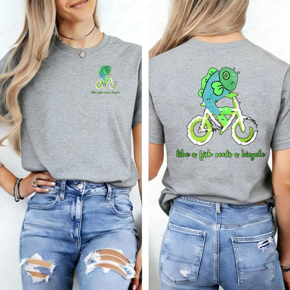 Rainbow Sketch Fish Riding Bicycle Feminist Quote Print Women Short Sleeve T Shirt Equal Rights LGBTQ Casual Daily Tee Top