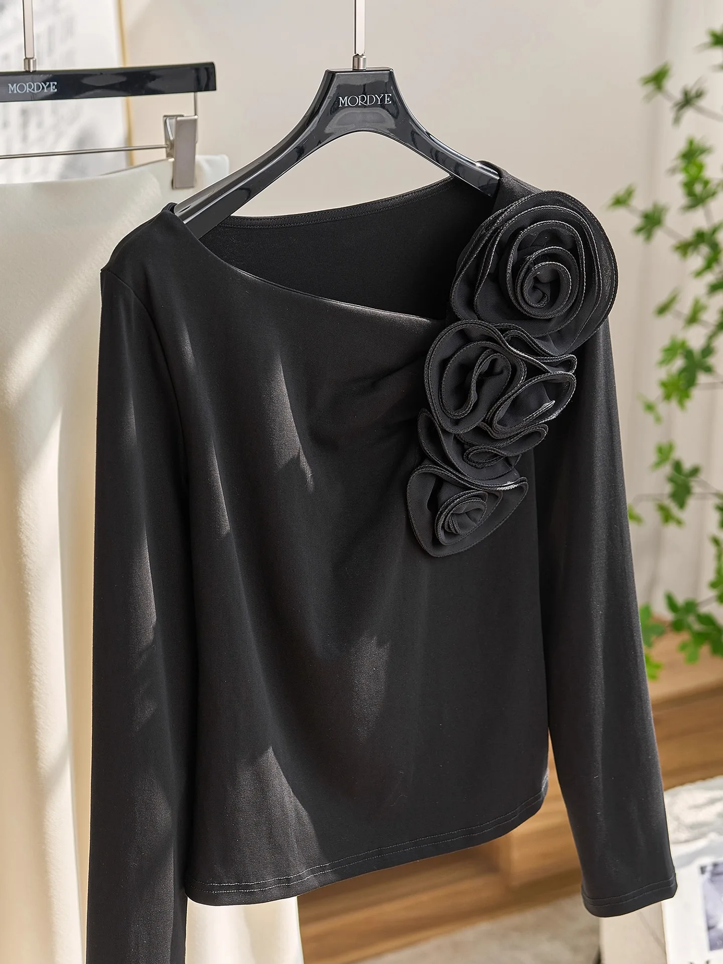 

Black Asymmetrical Shoulder Long Sleeve T-Shirt Artistic 3D Flower Embroidery Heavy Embellishment Slim Fit Versatile Cotton Top