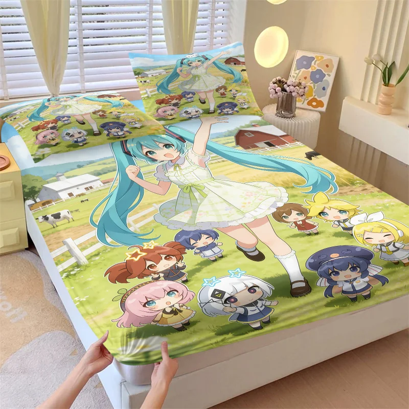 3ピースセット-初音ミク＆vocaloidファミリー-フィットシーツセット-アニメファンと初音ミクファンのための寝室装飾-深型ポケット滑り止めマットレス