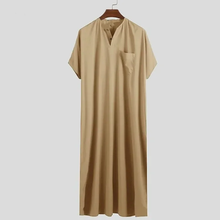 Pop Abaya Men New Style Muslim Islamic Kaftan Solid Color Fashion Short Sleeve Shirt Caftan Middle East Dubai Mens Casual Robes