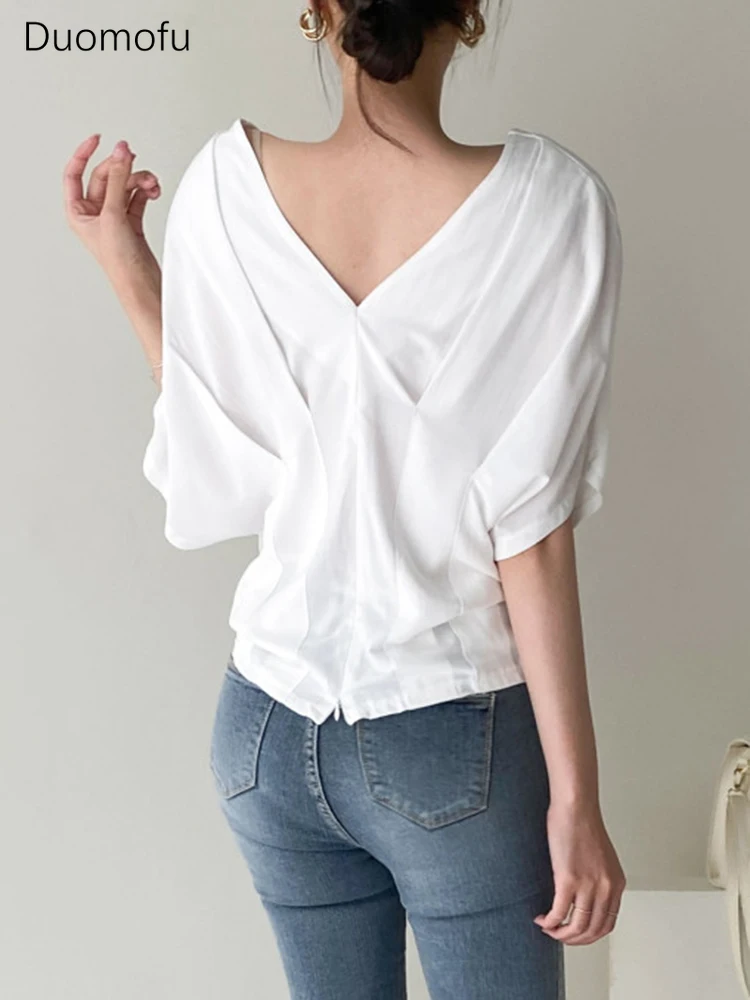 Duomofu Chic V Neck Pleated Women Shirts Y2k Loose Oversize Casual  Irregular Designer Blouse Elegant Summer Blouse Japanese