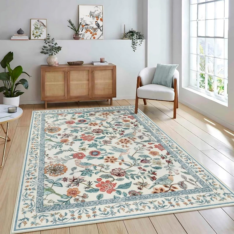 

Living Room Carpet Pink Floral Bird Rug Non-slip Machine Washable Floor Mat Bedroom Bedside Rug Large Size Home Decorative Rugs