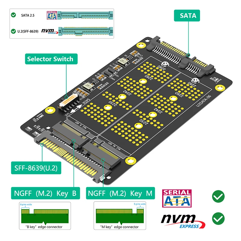 M2 Adapter SSD M.2 NVME M klucz do U.2 SFF-8639 M.2 SATA B klucz do SATA2.0 2.5 \