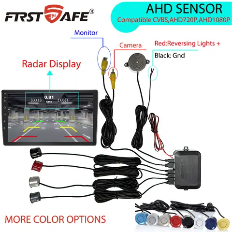 FirstSafe Factory CVBS AHD 비디오 주차 4 센서 자동차 후진 백업 후방 버저 레이더 모니터 시스템 안드로이드 시스템 지원