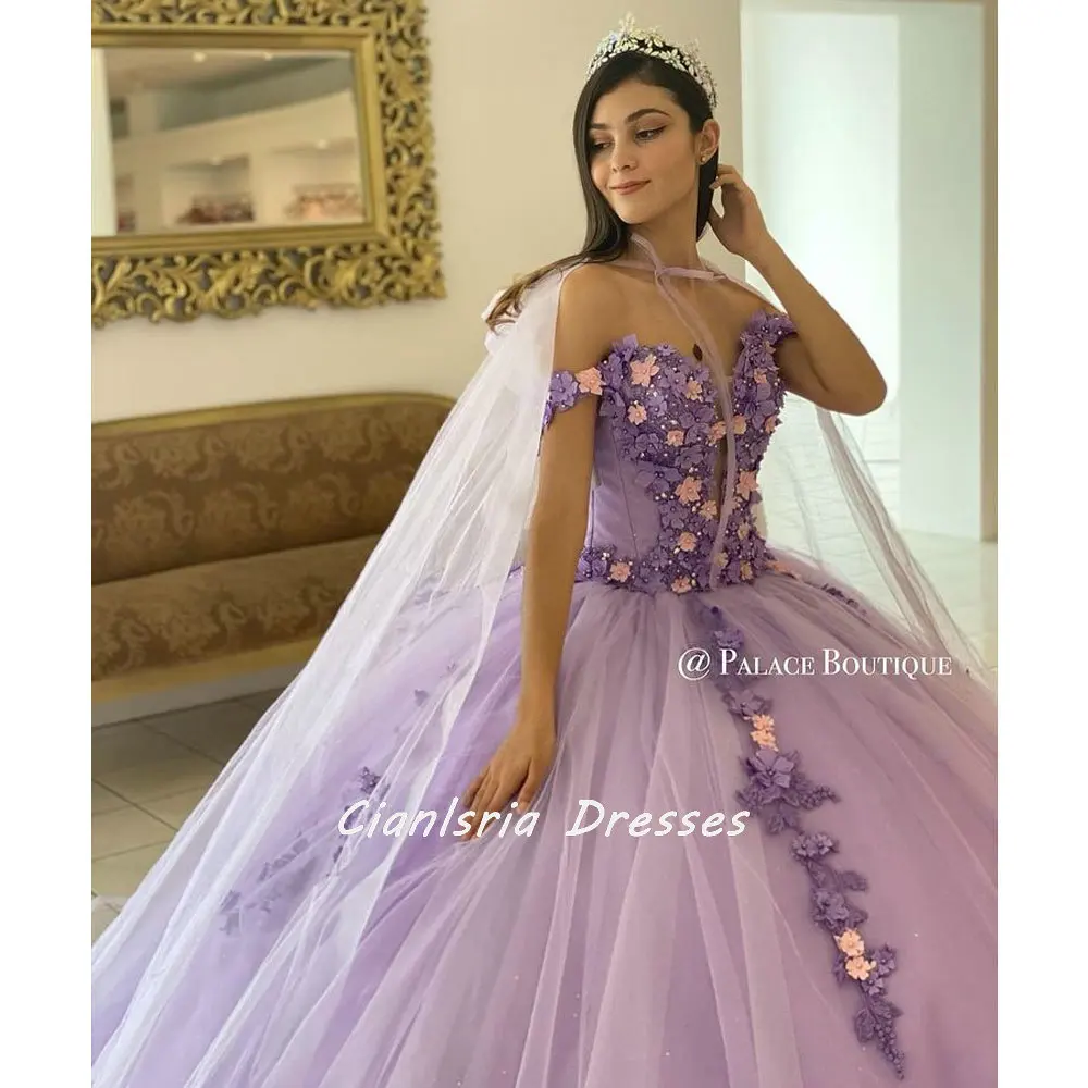 Vestido De quinceañera con flores y perlas lilas 3D, corsé con cuentas, vestido De baile con hombros descubiertos, apliques dulces 16, 15 Años