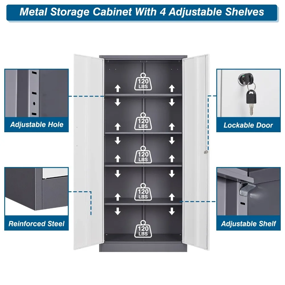 Armoire de rangement de garage en métal, armoire haute de 71 pouces avec étagères réglables et portes verrouillables, nouvelle collection 2024