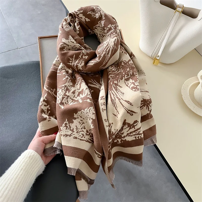 Luxury Brand Cashmere Women Floral Scarf Winter Warm Shawl and Wrap Bandana Pashmina Female Foulard Square Thick Blanket Poncho