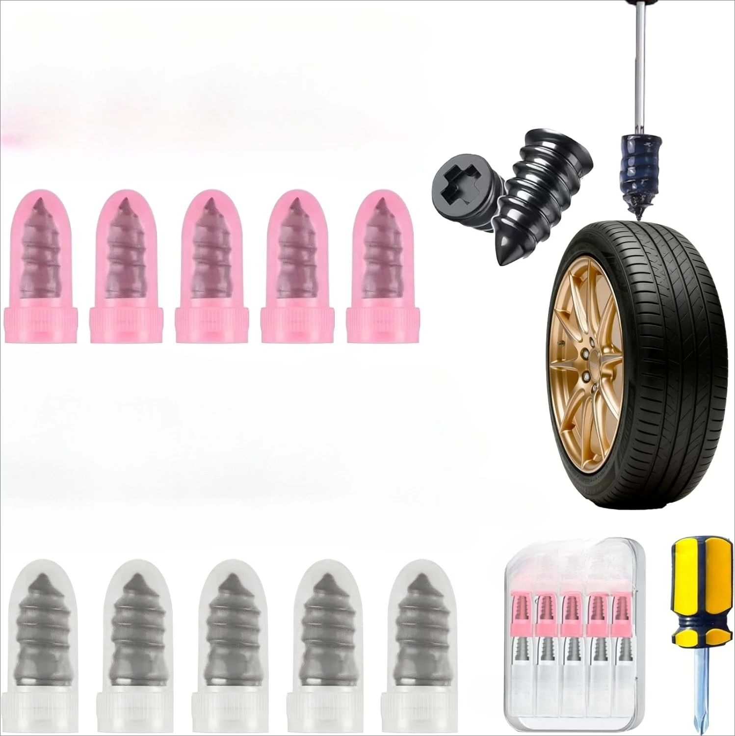 

Tire Repair Rubber Nail, Vacuum Tire Repair Kits Spiral Rubber NailsTire Puncture Repair(5S & 5L With screwdriver)