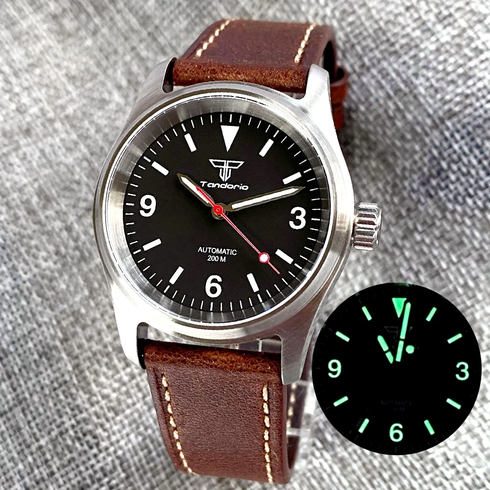 Tandorio 36mm Pilot Watch NH35A Movement 200m Waterproof Luminous Diving Automatic Watch Mens Sapphire Glass Brushed Case