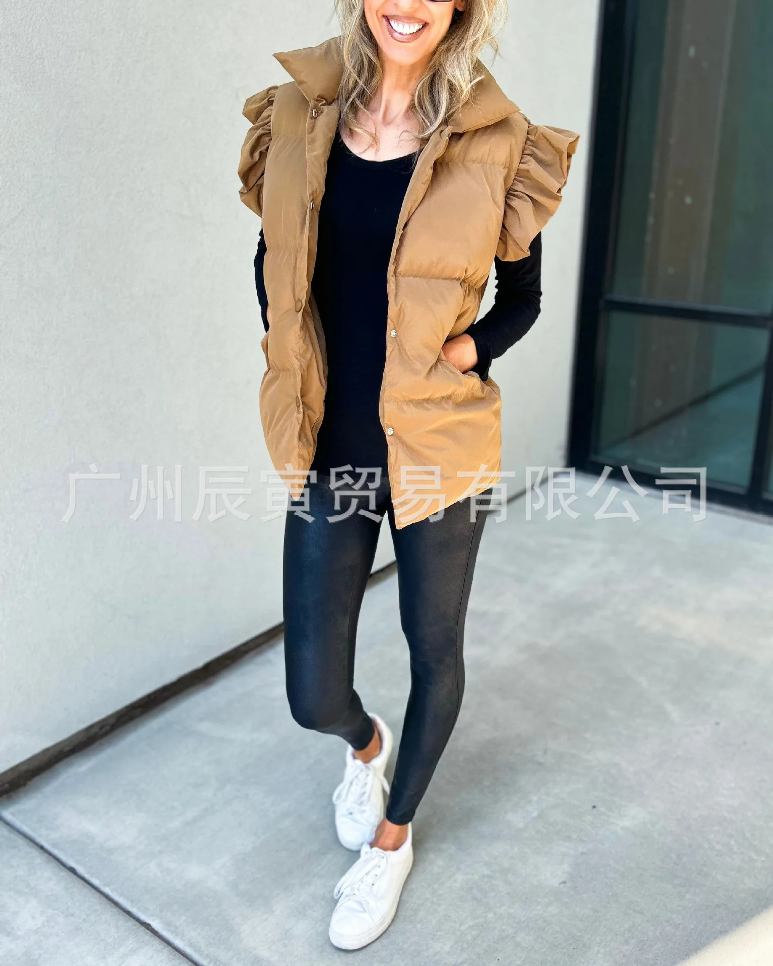 Vest Parkas Women Ruffles Coats Camel Coat Sleeveless Parka Slim Autumn Winter Elegant Short Pink Jackets Y2k Streetwear