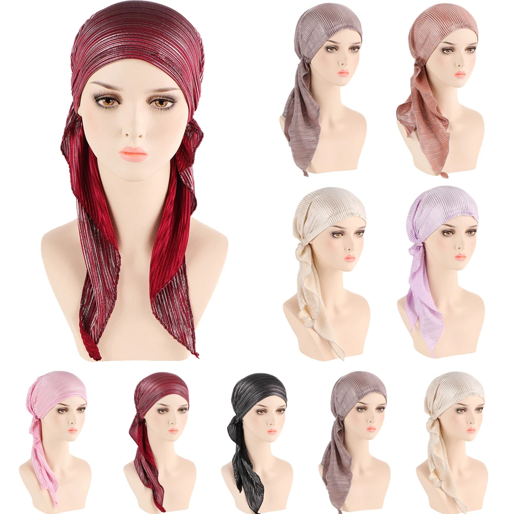 

Fashion Pleated Women Muslim Hijabs Solid Color Head Scarf Turban Bonnet Islamic Headwrap Underscarf Ladies Pre-Tied Hijab Caps