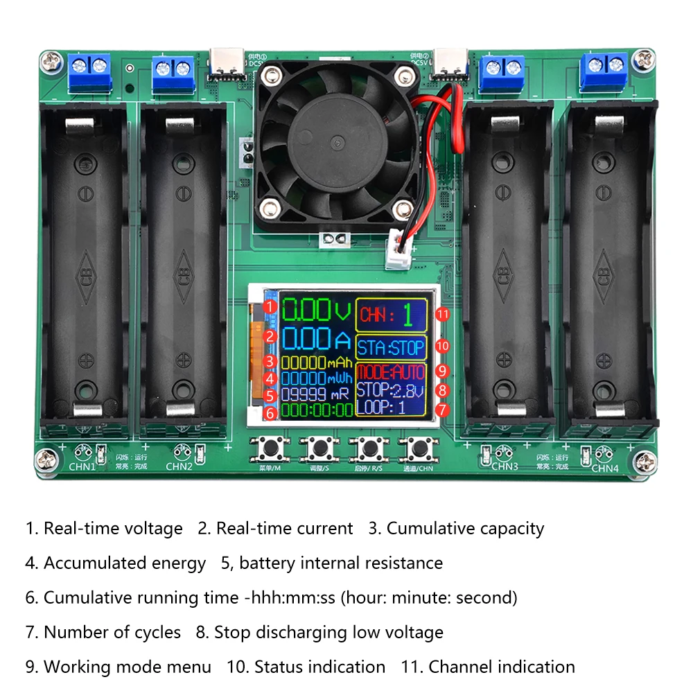 18650 Lithium Battery Capacity Tester Module MAh MWh Digital Four Batteries 18650 Battery Power Detector Tester Module Type-C