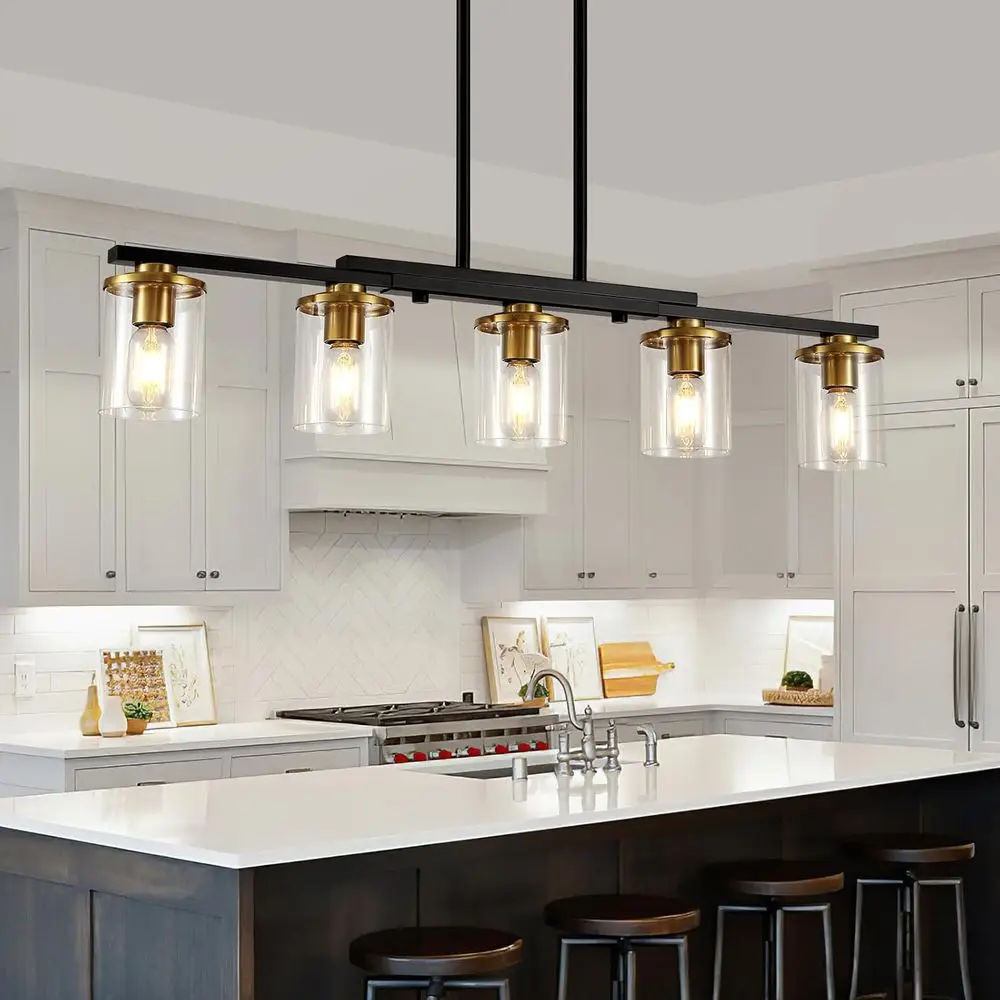 

Rustic Black and Gold 5-Light Kitchen Island Pendant with Clear Glass Shades