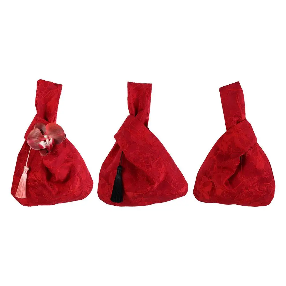 

Cheongsam Accessories Tassel Knot Wrist Bag Small Item Pouch Red Embroidery Handbag Bucket Bag Jewerly Packing Bag