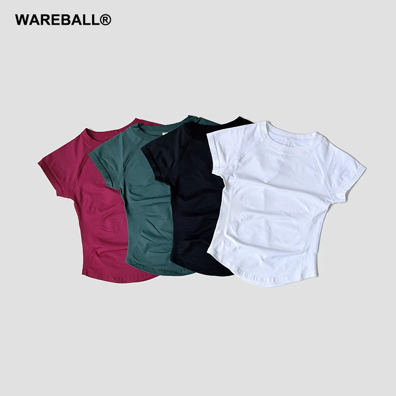 WAREBALL New Women Running Sports T Shirt Short Sleeve Round Neck Breathable Stretchy GYM Slim Fitness Active Top Tight Tee