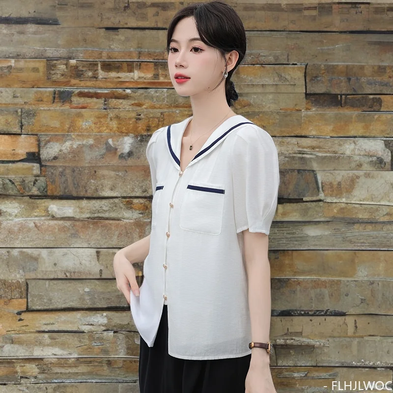 Cute Peter Pan Collar Tops Blouses New 2024 Summer Sweet Girls Preppy Style Solid Pockets White Button Shirts