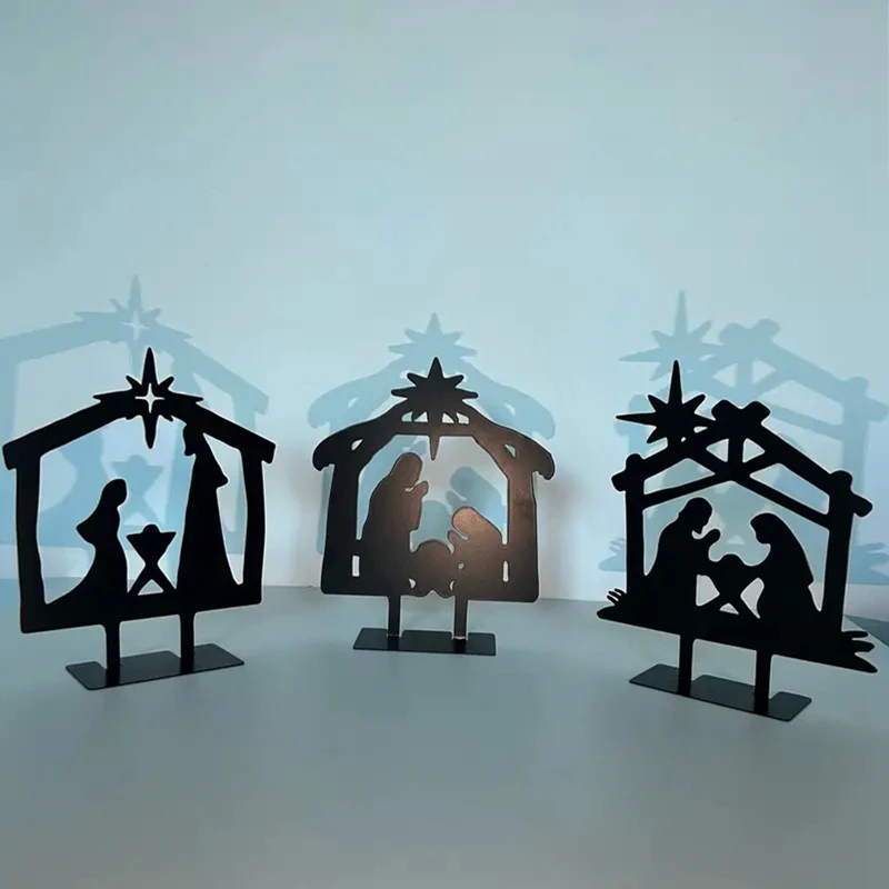 Nativity Scene Silhouette Nativity Figurines Set Christmas Nativity Ornament Nativity Holy Family For Fence Patio Black C