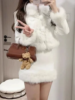 기질 플러시 스플 라이스 코트 스커트 투피스 세트 여성 패션 스웨이드 부드러운 찹쌀 달콤한 부드러운 솔리드 따뜻한 두꺼운 겨울 정장