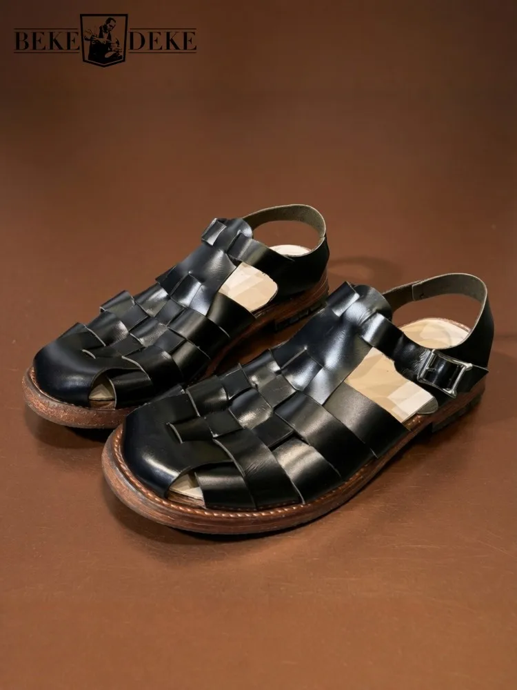 Handmade Mens Genuine Leather Sandal Weave Round Toe Breathable Vintage Summer Shoes High Quality Cowhide Gladiator Sandals Male
