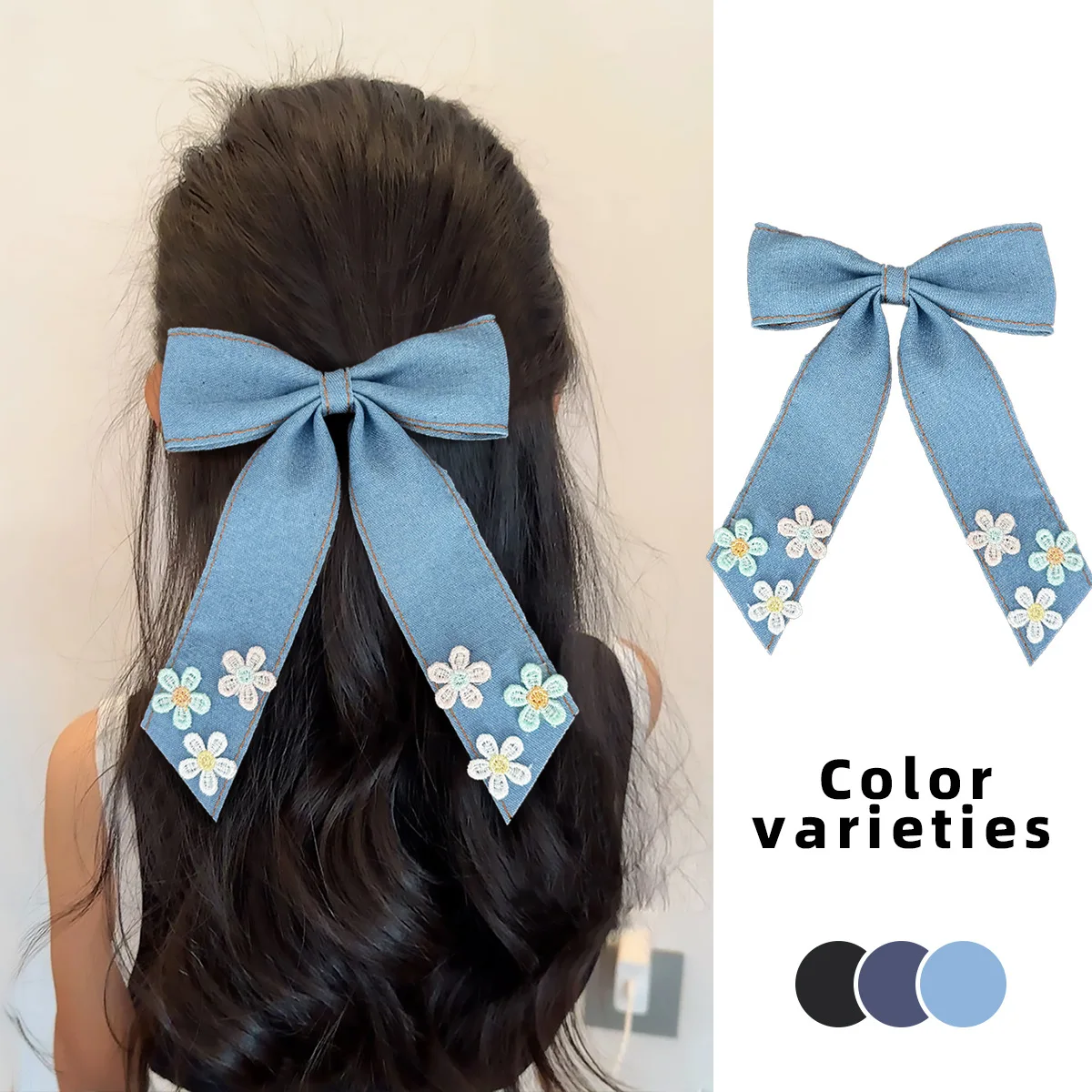 24pcs-korea-fashion-denim-blue-fabric-bow-hair-clips-long-tassel-women's-girls'-side-hairpins-floral-hairgrips-kids-bulk-pack