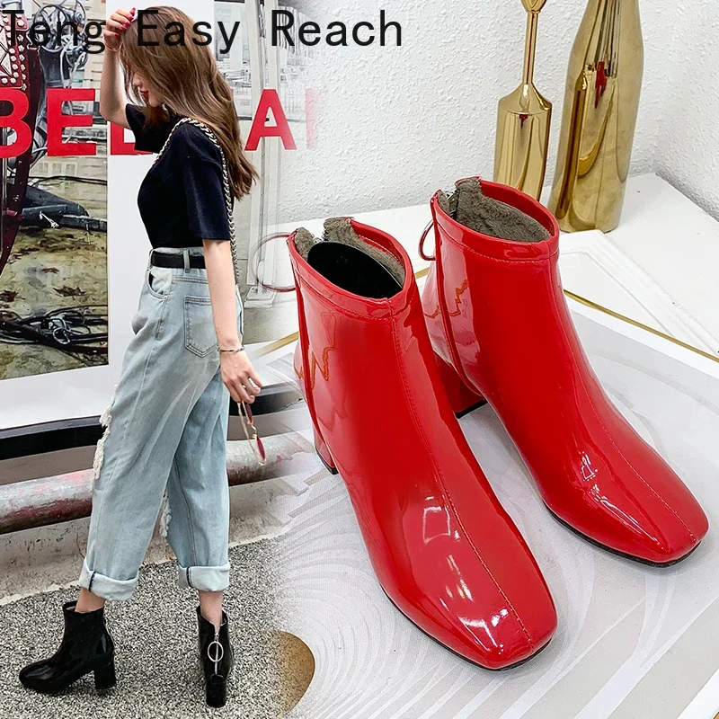 The New Patent Leather Ankle Boots Women Winter Autumn Square High Heel Zipper Boots Round Toe Woman Shoes White Red Black Pink