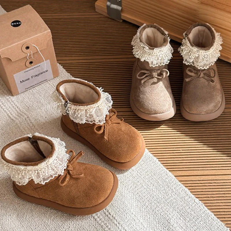 

Girls' Sweet Bow Warm Velvet Thickern Short Boots 2025 Winter Children Fashion Versatile Plush Comfortable Non Slip Cotton Boots