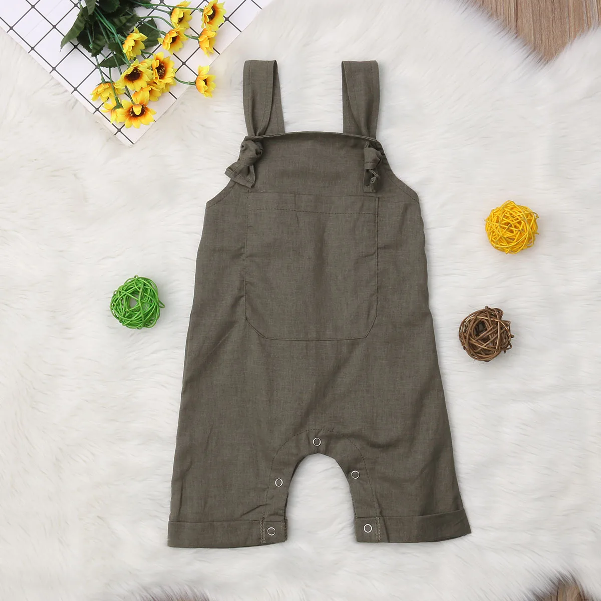 0-18 Months Baby Summer Romper  Solid Color Adjustable Suspender Straps Romper  Bottom Snap Buttons  Jumpsuit Overalls