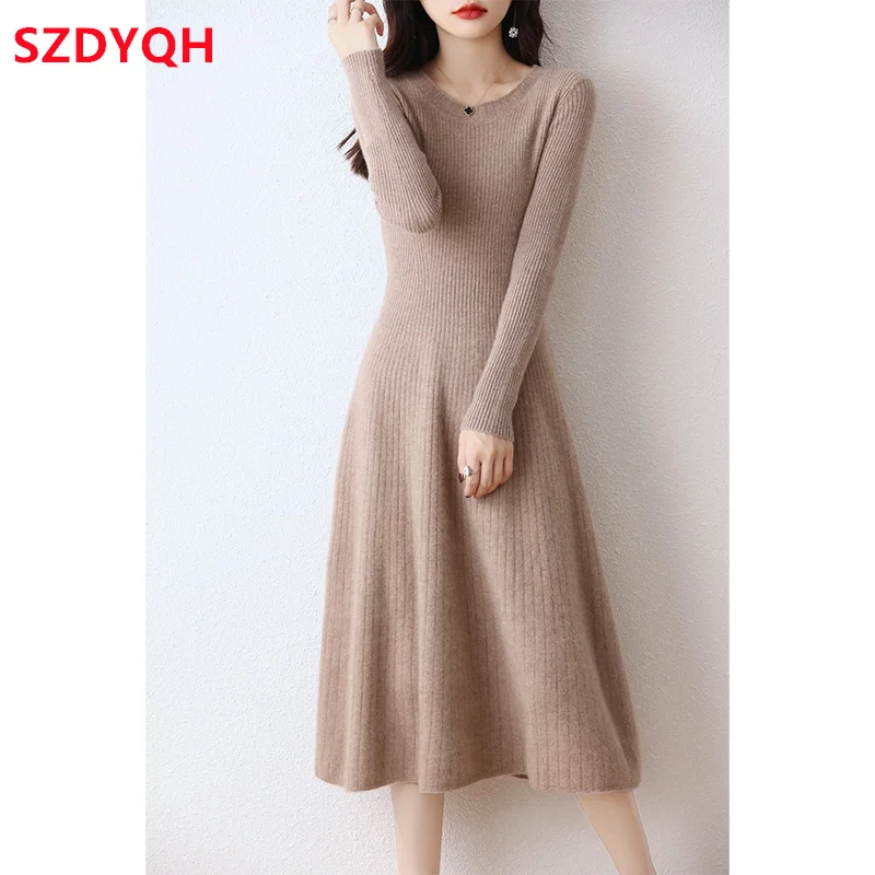 2023 Autumn Winter High Elasticity 100% Wool Thicken Sweater Dress Women Warm Slim Dresses Female Casual Basic Knitted Pullover