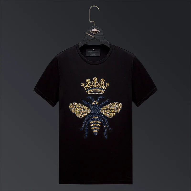 

2023 Bright Rhinestones Crown Bee T Shirts Men Short Sleeve Fashion Clothing Streetwear O Neck Modal Cotton Calaveras Camiseta