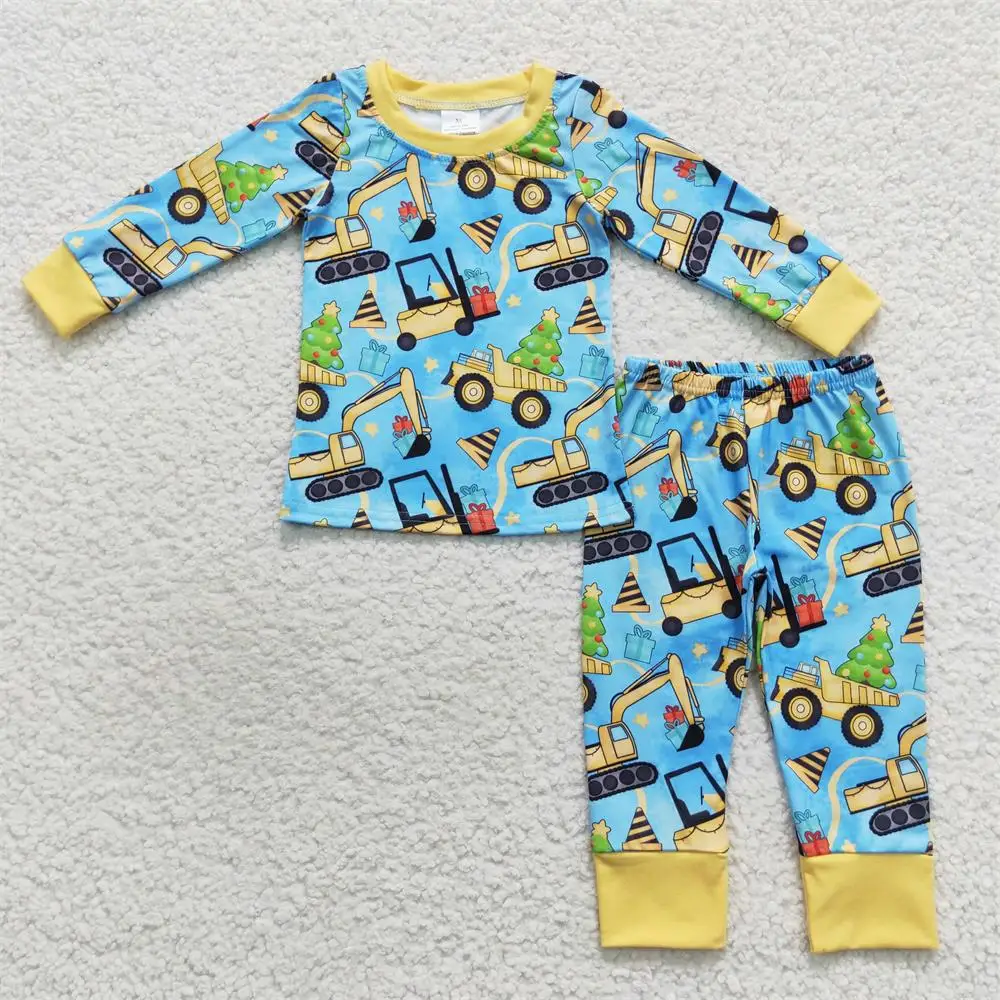 Children Christmas Sleepwear Baby Boy Long Sleeves T-shirts Tee Construction Tree Set Pants Kids Outfit Pajamas Night-clothes