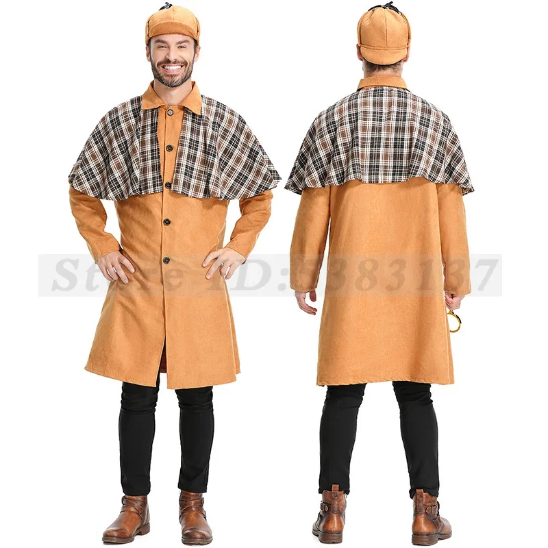 Khaki Jacket Hat Outfit Adult Reasoning Game Role Play Clothes Male Plaid Cape Detective Cosplay Costumes Halloween Men's Coat