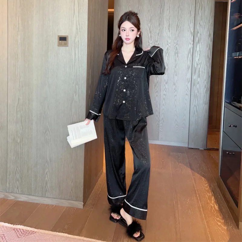 TXii Newlook Shiny Pajamas Women's Ice Silk Spring/Autumn Long Sleeve Trousers Grade Black Cardigan suit Outwear Home Clothes