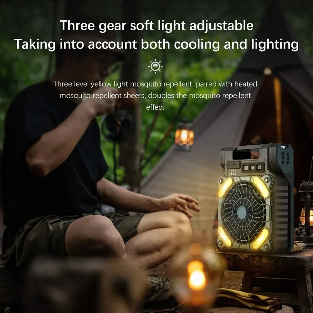 مروحة محمولة للتخييم تعمل بالطاقة الشمسية 10400 مللي أمبير في الساعة 9 بوصة مروحة خيمة تعمل ببطارية قابلة لإعادة الشحن مع لوحة طاقة شمسية خفيفة
