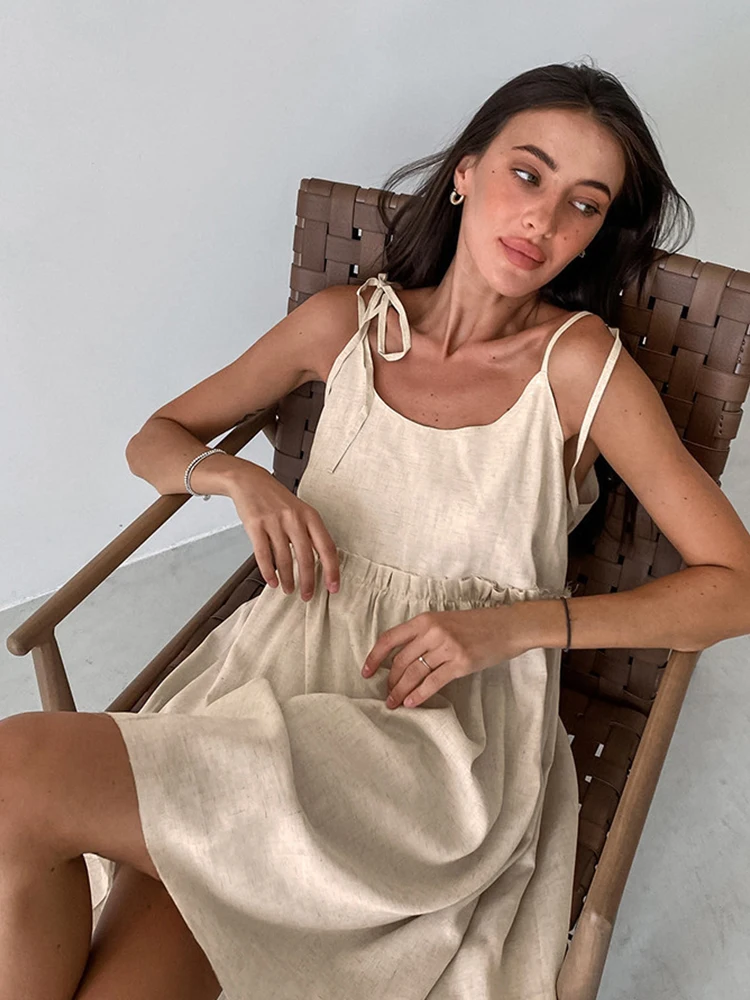 2023 Summer Autumn Women Holiday Solid Khaki Spaghetti Flare Linen Mini Dress For Women